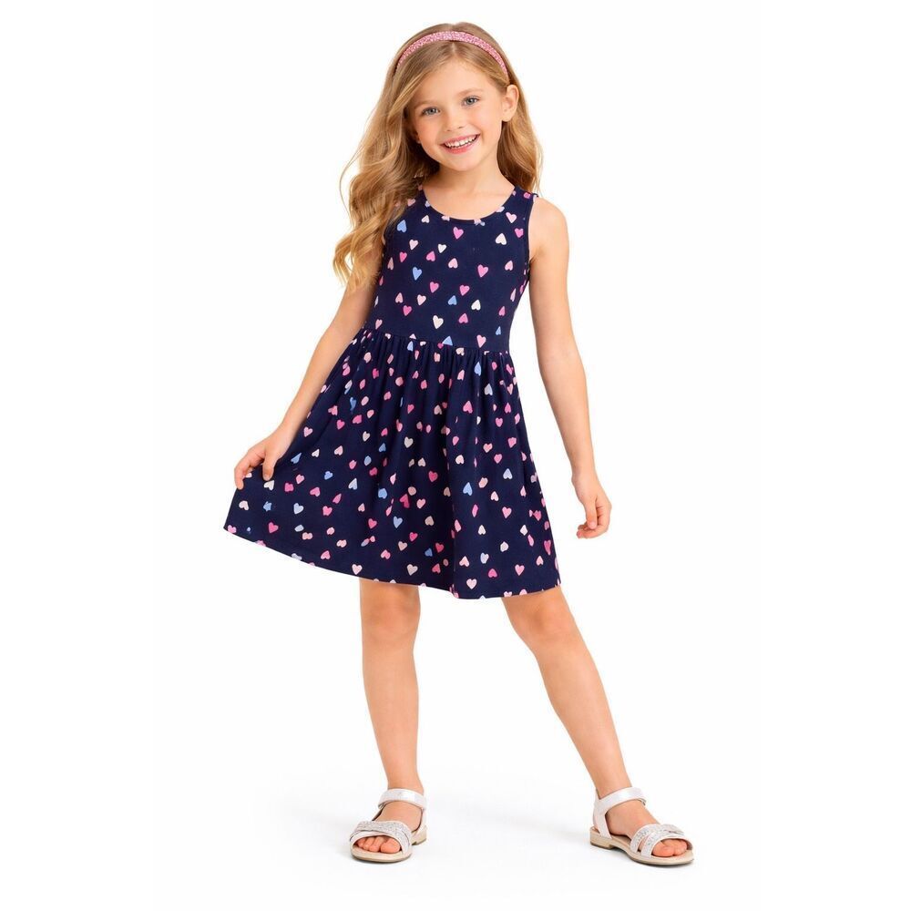 H&M Girls Navy Heart Print Dress Cotton Sleeveless Skater Size 6-8Y
